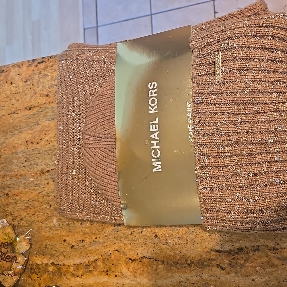 Michael Kors Brown Knit Scarf and Hat Set